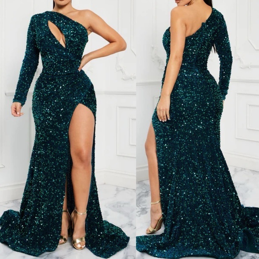 FashionNova Gems Sequin Maxi Dress Emerald Green Sz Small evening party